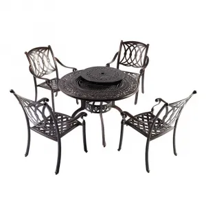 Modern Stackable Patio 5 Piece Dining Set Furniture Outdoor Garden Round Cast Aluminum 4 Seater Chairs Bbq Table with Grill