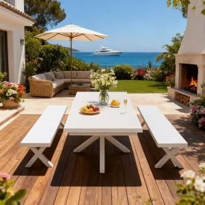 Modern White Garden Restaurant Extendable Table 2 Seater Chairs Outdoor Patio 3 Piece Aluminum Dining Bench Sets for Cafe