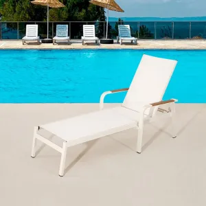 New Exterior Garden White Aluminum Chaise Lounge Sunbed Outdoor Pool Sun Lounger Chair with Plastic Wood Armerest