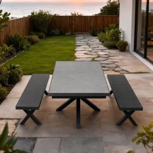 New Modern Black Patio Extendable Table 2 Seater Chairs Outdoor Garden 3 Piece Aluminum Dining Bench Sets for Restaurant