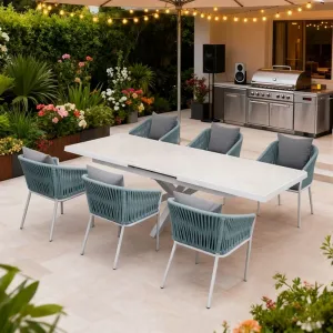 New Modern Blue Garden Extendable Table 6 Seater Armchairs Furniture Outdoor Patio Cafe 7 Piece Aluminum Woven Rope Dining Set