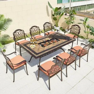 Nordic Restaurant Long Table 8 Seater Chairs Furniture Royal Outside Terrace Cast Alloy Aluminum BBQ Dining Set Armrest