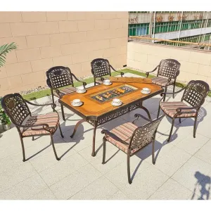 Nordic Restaurant Outdoor Dinner Table Set 6 Chairs Cast Aluminum Modern Terrace Long BBQ Grill Charcoal Table