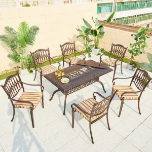 Outdoor Furniture Events Waterproof BBQ Dining Casting Table Set Cushion Aluminum Picnic Long Table 6 Seater Chairs