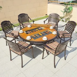 Outdoor Patio Cast Aluminum Restaurant Table Chairs Portable Waterproof Backyard Round BBQ Dining Table Set 6 Seater