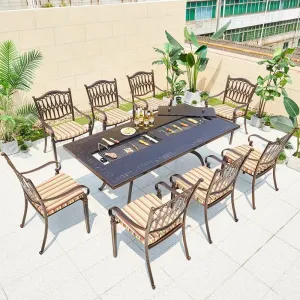 Outdoor Portable Restaurant Rectangular Table 8 Seater Chairs Cushion Lightweight Cast Aluminum Terrace BBQ Dining Set