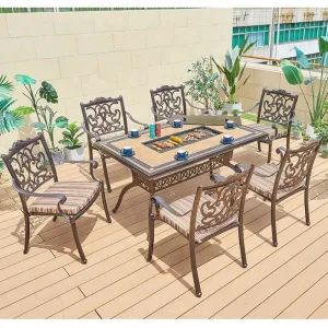 Patio Aluminum Rectangular BBQ Grill Table Charcoal European Casting Outdoor Furniture Dinning Table and Chair Set