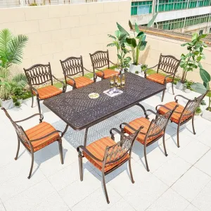 Patio Terrace Aluminum Durable Table 8 Chairs French Outdoor Party Restaurant Rectangular Cast Dining Table Set Luxury