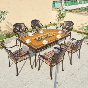 Portable Backyard Aluminum Dining Set Outdoor Balcony Furniture Hotel Restaurant BBQ Casting Long Table and 6 Chairs
