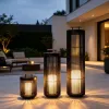 Portable Modern Hotel Patio 3 Piece Floor Lamp Aluminum Frame Outdoor Villa Garden Woven Rope Lantern Set with Teak Wood Handle