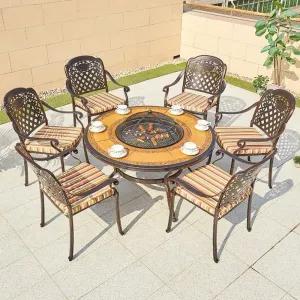 Restaurant Aluminum Dining Sets Chairs Garden Furniture Outdoor Backyard Casting BBQ Grill Round Table 4-6 People