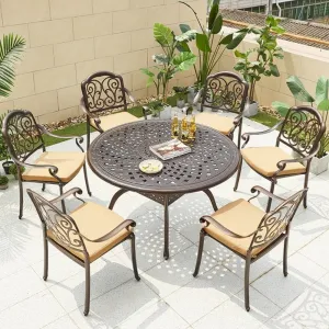 Restaurant French Bistro Round Table Terrace 6 Seater Chairs Luxury Balcony Combination Cast Aluminum Dining Table Set