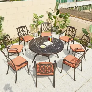 Space Saving Luxury Outdoor 9 Piece Patio Set Garden Furniture Outside Balcony Dining Cast Aluminum Round Table 8 Seater Chairs
