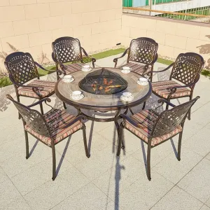 Stackable Beachfront Use Restaurant 7 Piece Dining Set Furniture Outdoor Garden Patio Cast Aluminum Round Bbq Table 6 Chairs