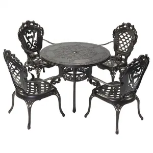 Stackable Garden Outdoor Umbrella Table and Chairs Cafe Furniture Patio Cast Aluminum Dining Set 4 Chairs with Armrest