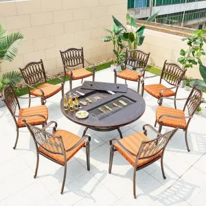 Stackable Park Picnic Aluminum Dining Table Set 8 Chairs Cushions Luxury Terrace Outside Cast BBQ Grill Table Charcoal