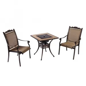 Stackable Patio Furniture Square Table Teslin Mesh Chairs Casting Aluminum BBQ Fire Pit Dining Set