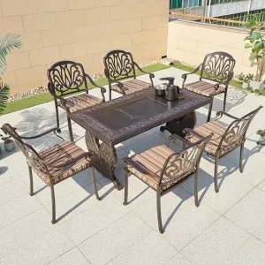 Stylish Garden Patio Furniture Outdoor Cast Aluminum Dining Long Tea Table 6 Chairs