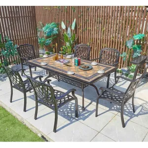 Villa Patio Outdoor Casting Rectangular Table Aluminum Dinning Table Set 6 Chairs Cushions Dining Room Furniture