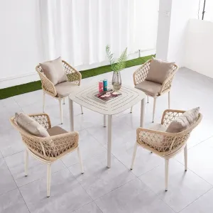 Vintage White 5 Piece Garden Cafe Furniture Outdoor Porch Patio Restaurant Rope Aluminum Dining Round Table and 4 Chairs Set
