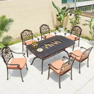 Waterproof Modern Garden Party Swimming Pool Rectangular Dining Set Outdoor Patio Cast Aluminum BBQ Table 6 Seater Chairs