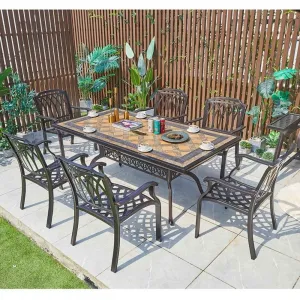 Waterproof Outdoor Party Dining Rectangular Table Furniture European Casting Aluminum Dinning Set with 6 Chairs