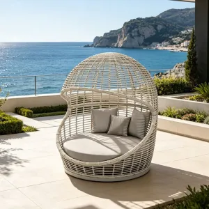 Weather Resistant Hotel Project Wicker Lounge Sunbed Large Seaside Egg Shape PE Aluminum Frame Outdoor Round Daybed for Villa