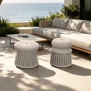 Weather Resistant Modern Hotel Garden Terrace Area Unique Shape Outdoor Residential Seaside Villa Woven Rope Aluminum Stool Set