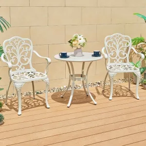 White Classic Patio 3 Piece Dining Set Furniture Outdoor Garden Cast Aluminum Cafe Bistro Round Tables and 2 Seater Chairs