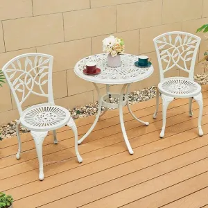 White Modern Design Outdoor Furniture Restaurant 3 Piece Dining Set Cast Aluminum Coffee Shop Round Table and 2 Person Chairs