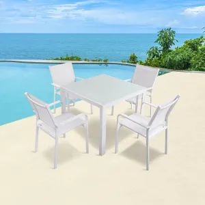 White Modern Patio Restaurant 5 Piece Furniture Dining Set Outdoor Porch Garden Cafe Aluminum Square Table and 4 Seater Chairs