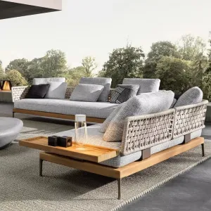Luxury L-shape Outdoor Wood Furniture Modern Design Weather-Resistant UV-Resistant PE Rattan High-Density Foam Cushions Sofa