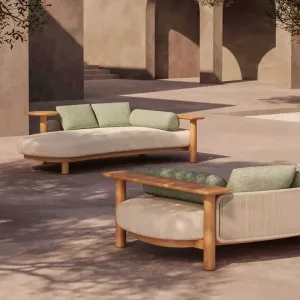 Modern All Weather Arc-shaped Outdoor Sofa Teak Wood Frame Rope Woven Waterproof Daybed Set for Patio Poolside