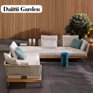 Modern Design Outdoor Garden Courtyard Furniture Weaving Rope Teak Waterproof Durable Hotel Villa Sofa Set