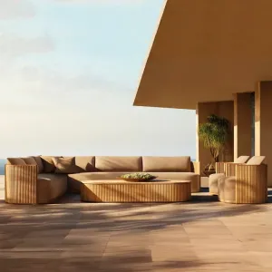Modern Luxury Outdoor Garden Furniture Eco-Friendly Waterproof Teak Wood Sofa Set with Cushions for Courtyard Villa Hotel Use