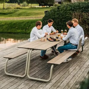 Modern Outdoor Connected Table Chair Set Long Bench Coffee Lounge Patio Teak Stainless Steel Park Chair Courtyard Comfortable