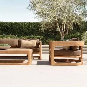 Modern Solid Teak Wood Outdoor Sofa Set for Patio Garden Poolside Hotel Apartment Use-Durable Waterproof