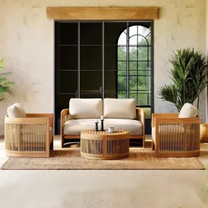 Modern Solid Wood Outdoor Sofa Set-All Weather Durable Courtyard Patio Furniture with Waterproof Cushions