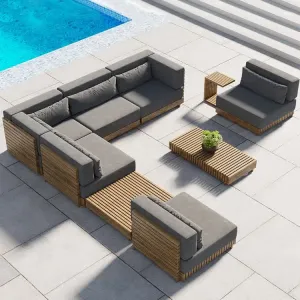 Modern Teak Wood Garden Sofa Set with Waterproof Cushions-Eco-Friendly Outdoor Furniture for Patio Hotel Park