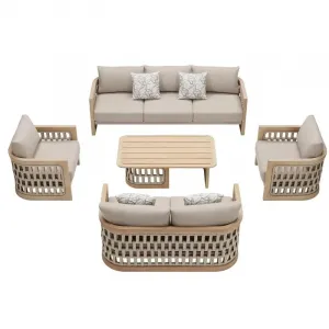 Outdoor Waterproof Sunproof Luxury Sofa Set Patio Garden Terrace Natural Teak Wood Combination of Strapping Ropes and Cushion