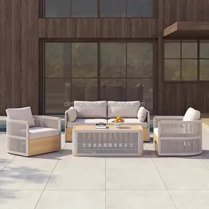 Professional Factory Modern Teak Wood Olifen Rope Woven Weather Resistant Durable Patio Sofa Garden Chair Set Manufacturer Price
