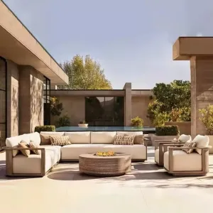 Anti-Corrosion Teak Wood Modern Outdoor Sofa Set Fabric Cushions Quick-Dry Waterproof Durable Eco-Friendly Hotel Courtyard