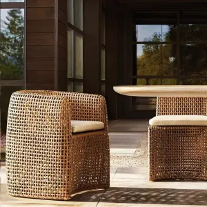 Contemporary Handwoven Outdoor Dining Chair and Rattan Armchair with Marble Table for Restaurant Hotel