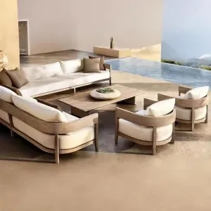 Eco-Friendly Durable Rust Proof Quick-Dry Modern Teak Wood Outdoor Sofa Set with Waterproof Fabric Cushions