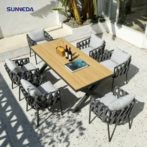 Factory Direct Sale Restaurant Outdoor Furniture Aluminum Frame Rope Chairs Garden Patio Dining Table and Chair Sets for Hotel