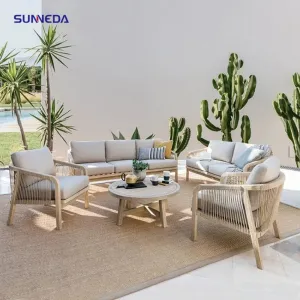 Leisure Villa Outdoor Waterproof Teak Sofa Patio Set Combination Waterproof Sun Protection Solid Wood Sofa Furniture