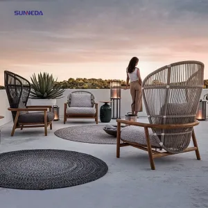 Metal Frame teak wood Adjacent Leisure Garden Furniture Villa Corner Outdoor Patio Rope Sofa Set