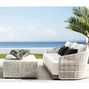 Modern Teak Wood Rattan Fabric Outdoor Sofa Set Ergonomic Design Waterproof Eco-Friendly Patio Furniture for Backyard Relaxation