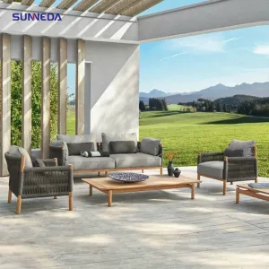 Modern Waterproof Sun Protection Outdoor Teak Sofa Set with Solid Wood Construction for Hotel and Villa Garden Use