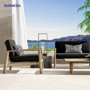 Natural Teak Wood Patio Garden Sofa Set Hotel Garden Terrace Combination Sofa of Strapping Ropes and Cushion